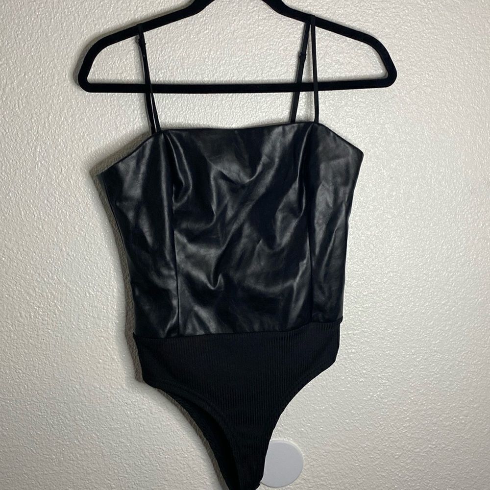 NWT- Lucy Paris- Faux Leather Women's Black Bodysuit- Size XS